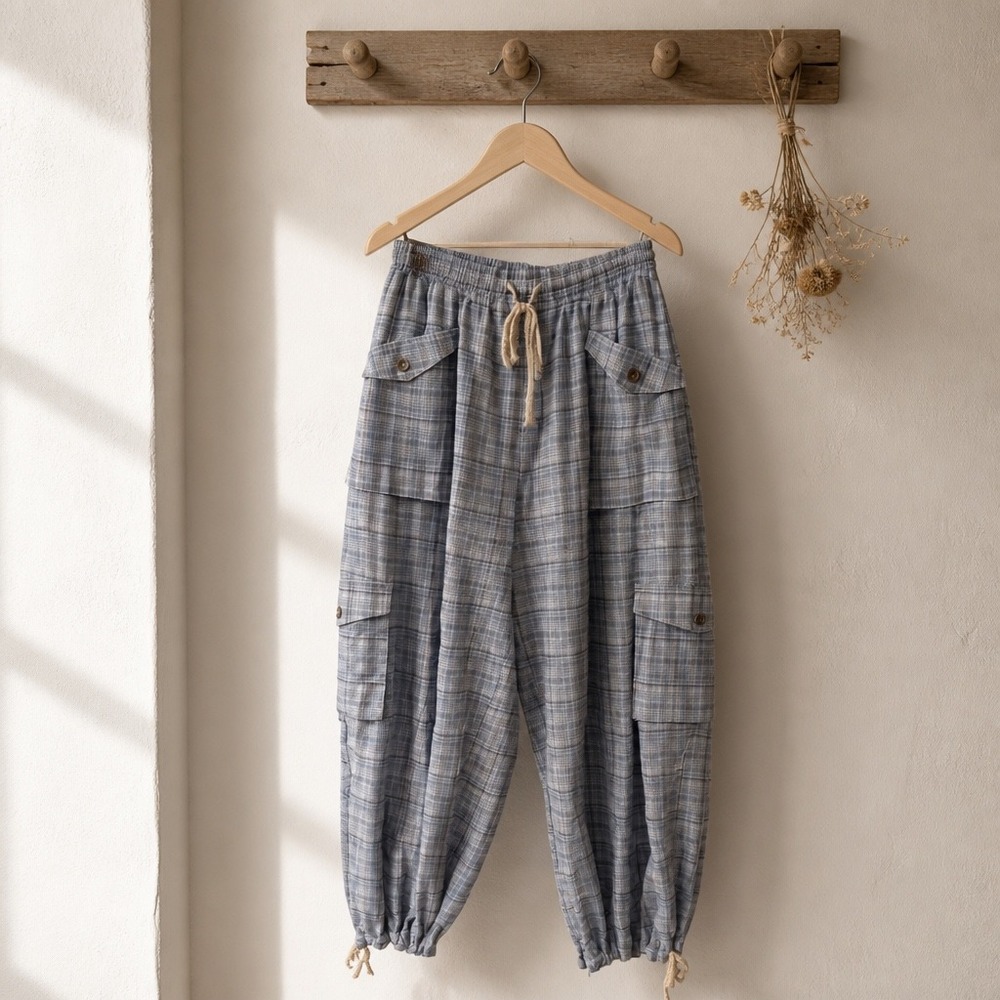 Fantastic Fawn Blue Plaid Cargo Pants Cottagecore Lace Trim IFP65058-01  M